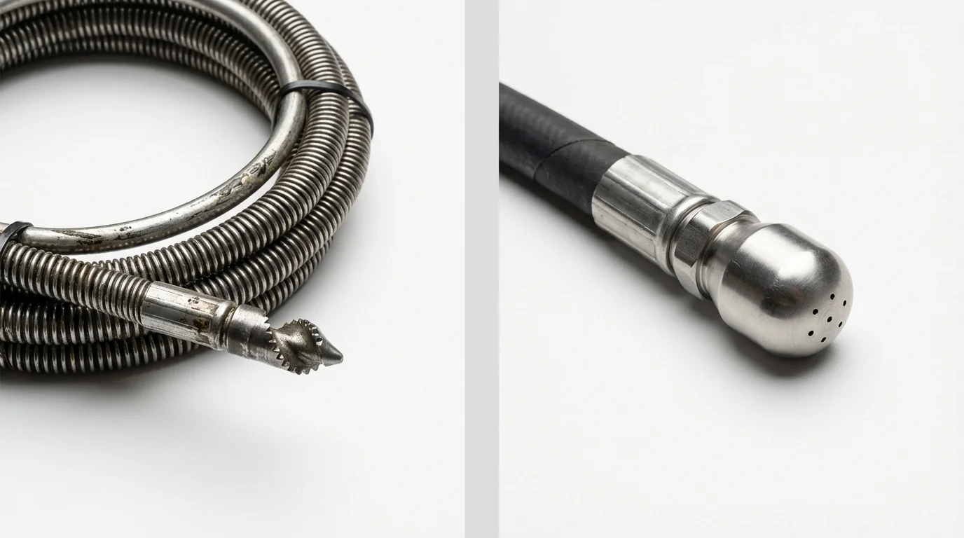 Drain snake cable and hydro jetting nozzle used for drain cleaning in Monroe, GA