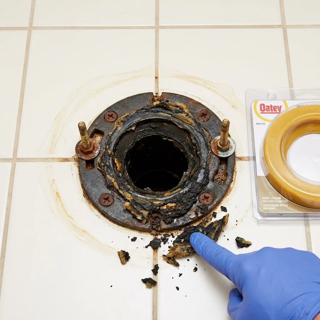 Failed wax ring showing water seepage at the base of a toilet in a Monroe, GA home