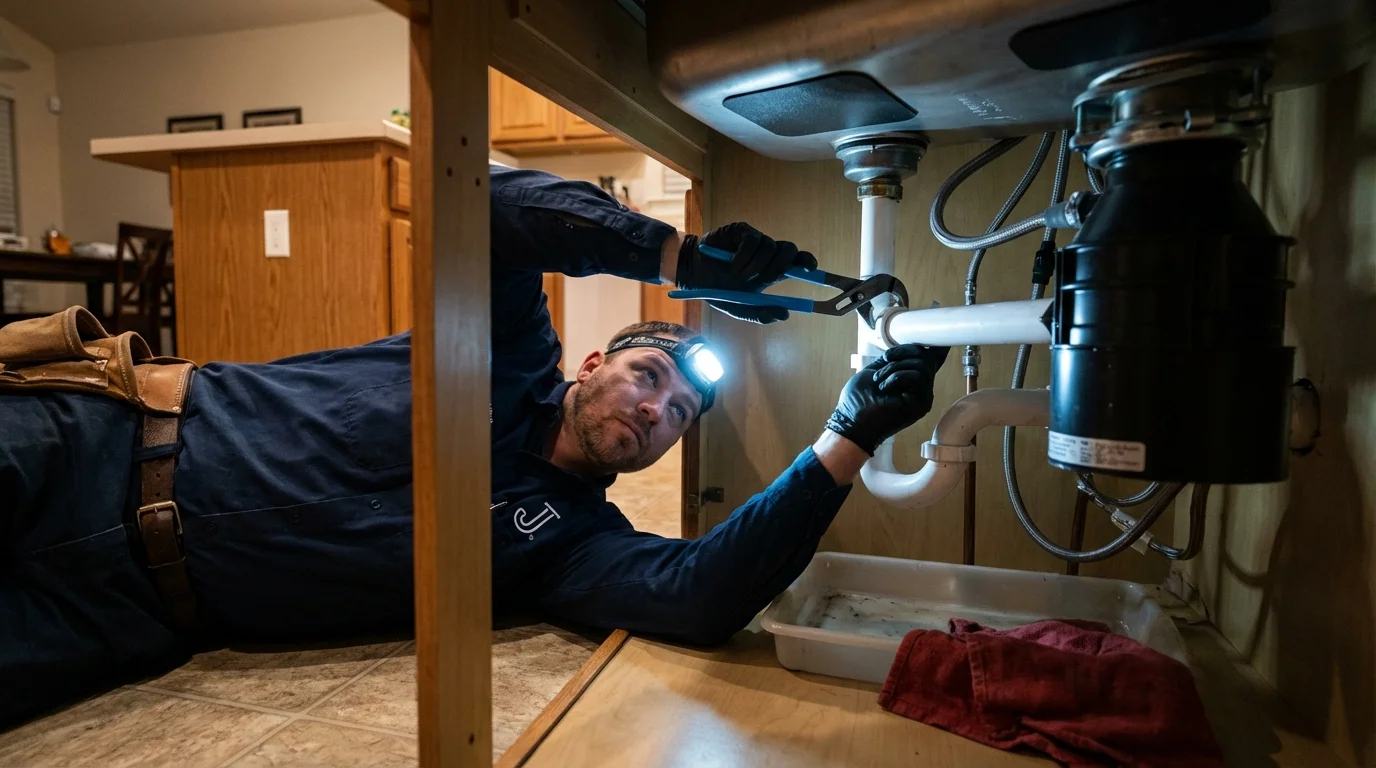 P-trap and supply line connections under a kitchen sink showing a common leak point in Monroe, GA